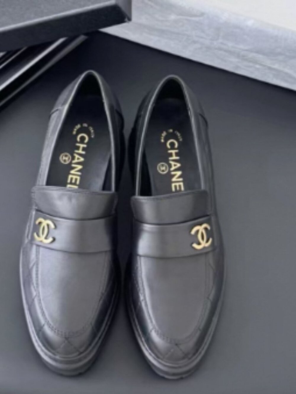 Chanel Black Quilted Leather CC Logo Loafers